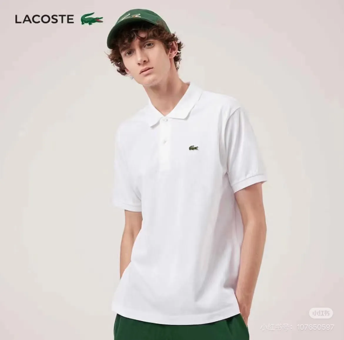 [Upper body picture] Lacoste crocodile logo Polo shirt (White)